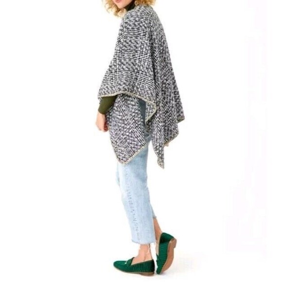 Summer & Rose Erica Sweater Wrap Kimono Open Cardigan Black White Herringbone OS - Picture 2 of 8
